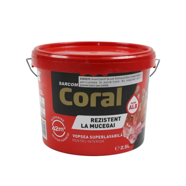 Vopsea, superlavabila, interior, antimucegai, 2.5 L, CORAL