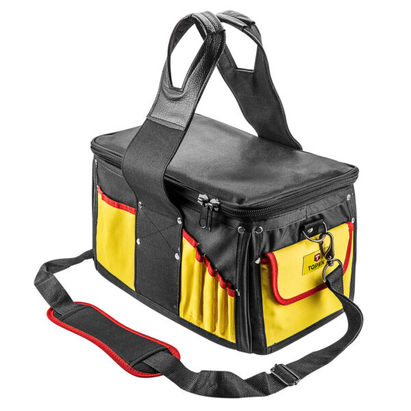 Geanta pentru scule din material 79R440 Topex. 16 buzunare exterioare. 12 buzunare interne. 41 x 23 x 23 cm.