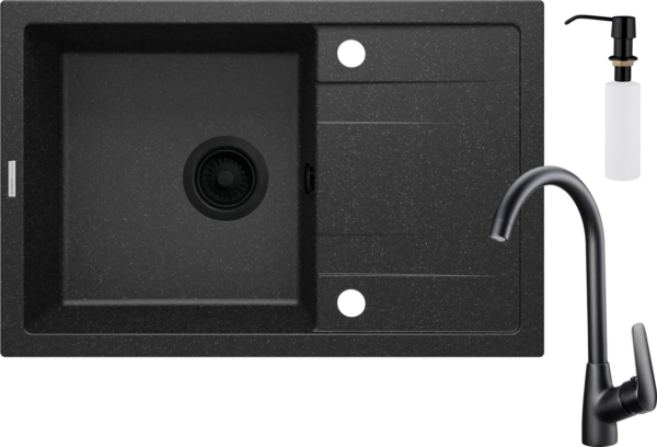 Chiuveta din granit cu baterie, 1-cuva cu picurator - cu dozator, 670x440x175, grafit, DEANTE