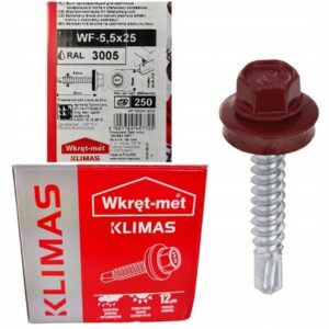 Surub pentru tigla metalica, autoforant cu saiba WF Wkret-met. Lemn/ Metal. Rosu RAL 3005. 4.8 x 19 mm. 250 buc.